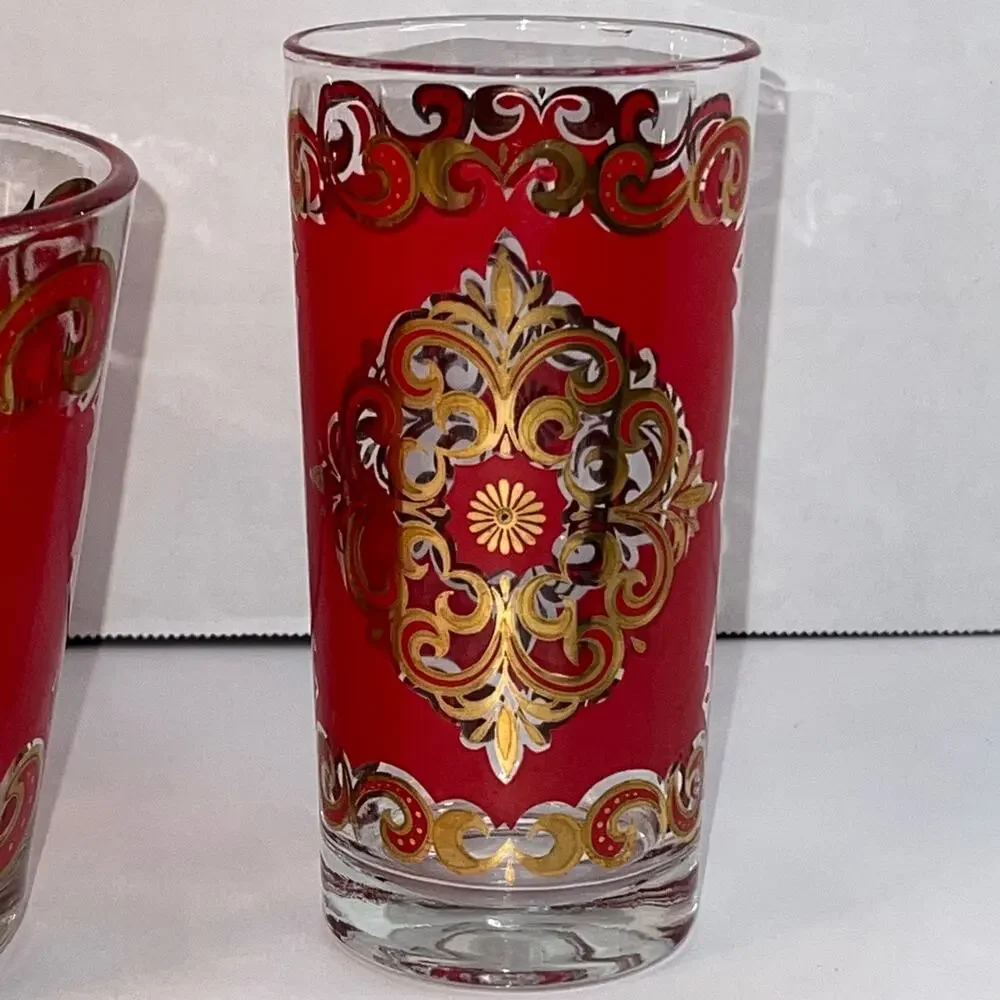 Starlyte Culver Red & 24K Gold Baroque Medallion Cocktail Ice Bucket & 2 Gasses